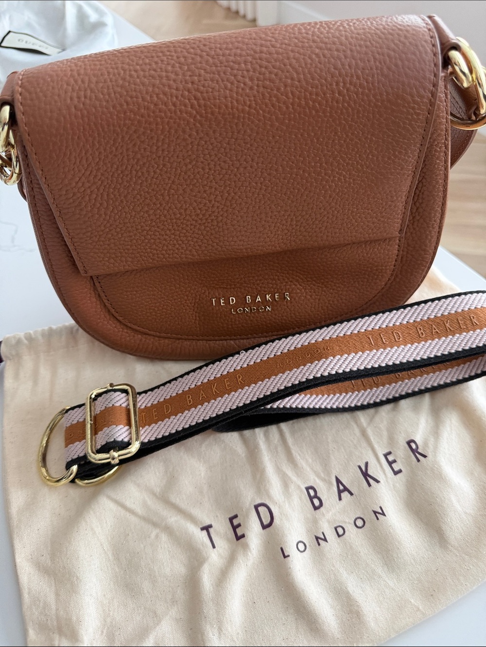 Ted Baker Tan Pebbled Leather Crossbody with Striped Detachable Strap